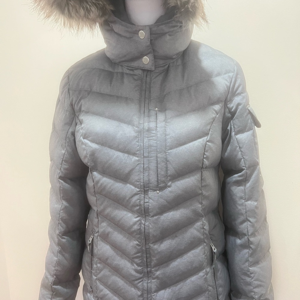 Women's Gray Quilted Jacket with Faux Fur Hood